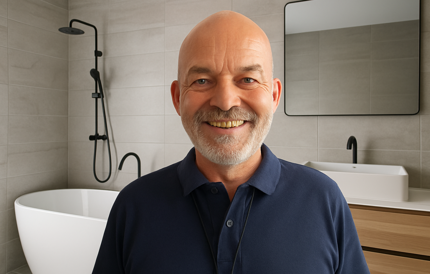 Lächelnder älterer Mann in einem modernen Badezimmer mit Dusche im Hintergrund.